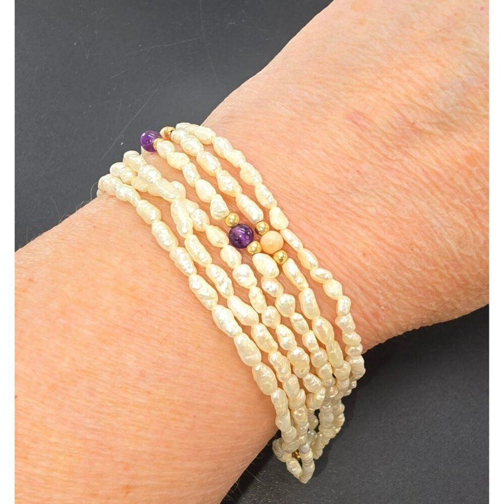 Freshwater Pearl Bracelet Elegant Multi Strand Amethyst Coral Accents 6.5 DH1393